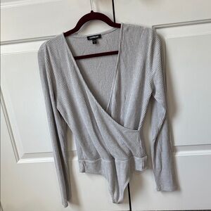 Express Light Gray Ribbed Wrap Bodysuit